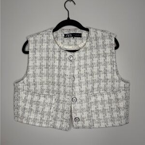 ZARA Tweed Textured Blazer Size Large Button Down Cropped Blogger Fav Neutral